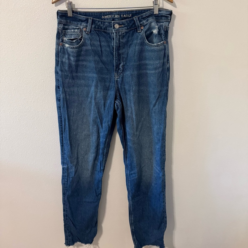 American Eagle Outfitters Strigid Mom Jean High Rise Raw Distressed 2024-14 Long